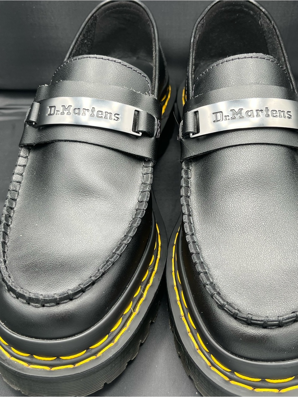 Dr. Martens Black Leather Penton Bex Loafers with Yellow Welt Stitching